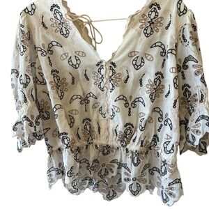 Elegant White and Brown Embroidered Women's Top by Anthropologie brand new